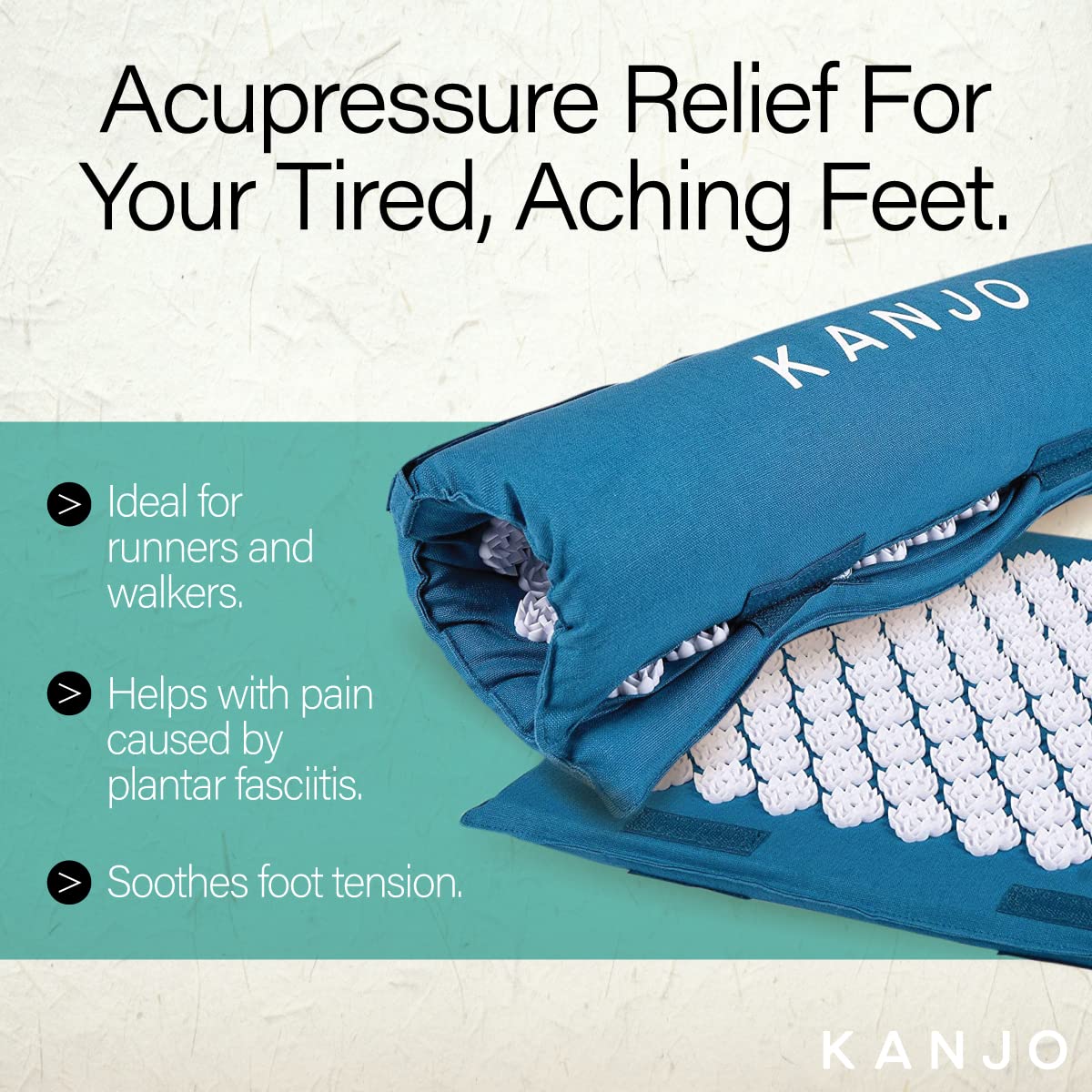 Close-up of Kanjo acupressure stimulators targeting foot pressure points.