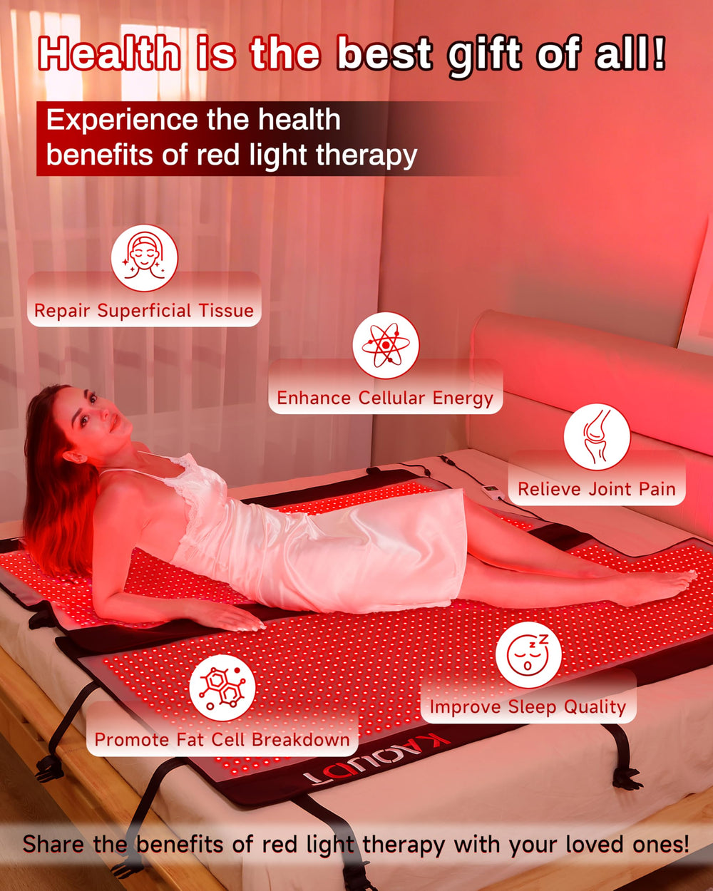 Kaoudt 2025 red light therapy mat adjustable modes display emphasizes customizable intensity.
