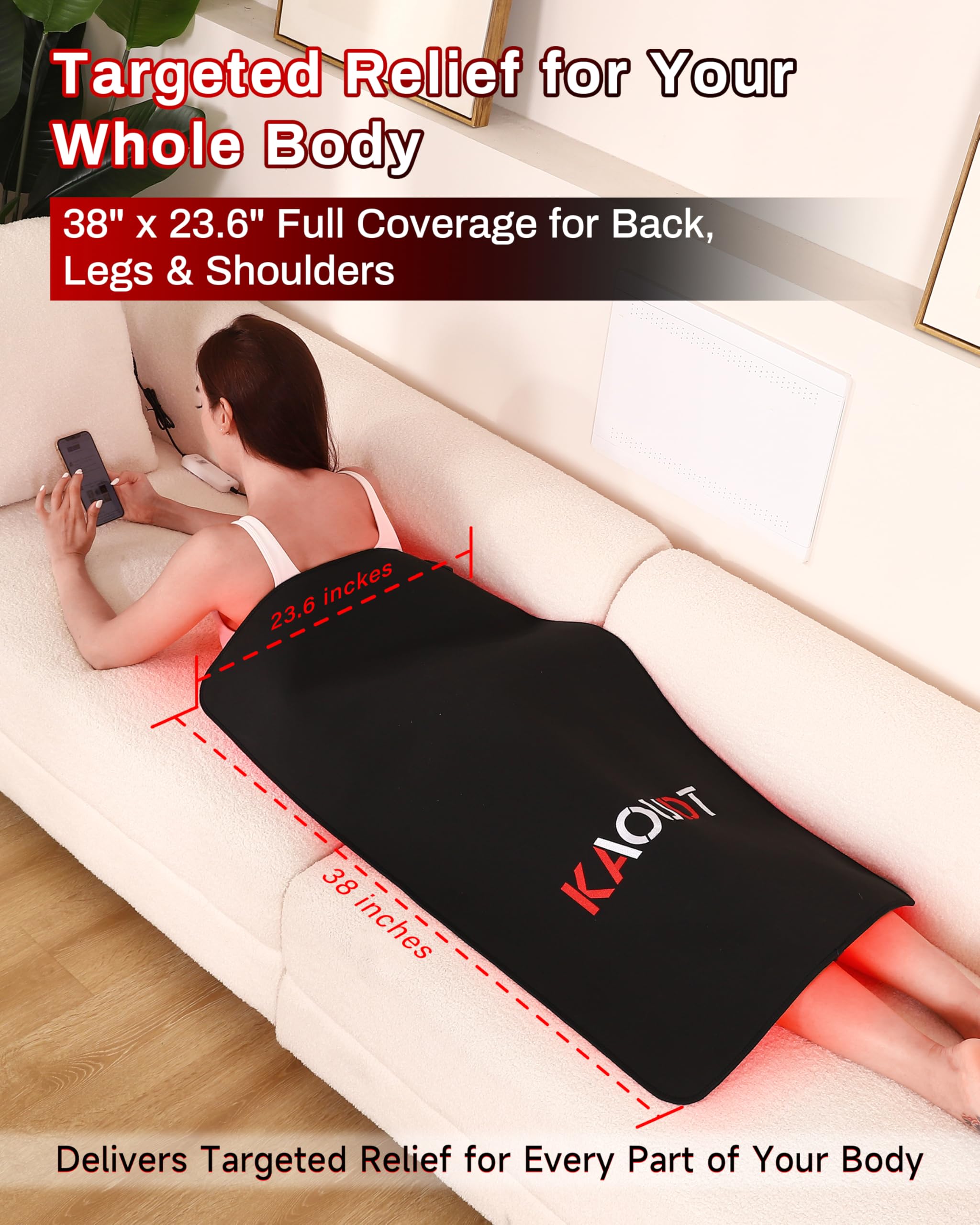 Kaoudt red light therapy mat targets the shoulder area for relief and comfort.