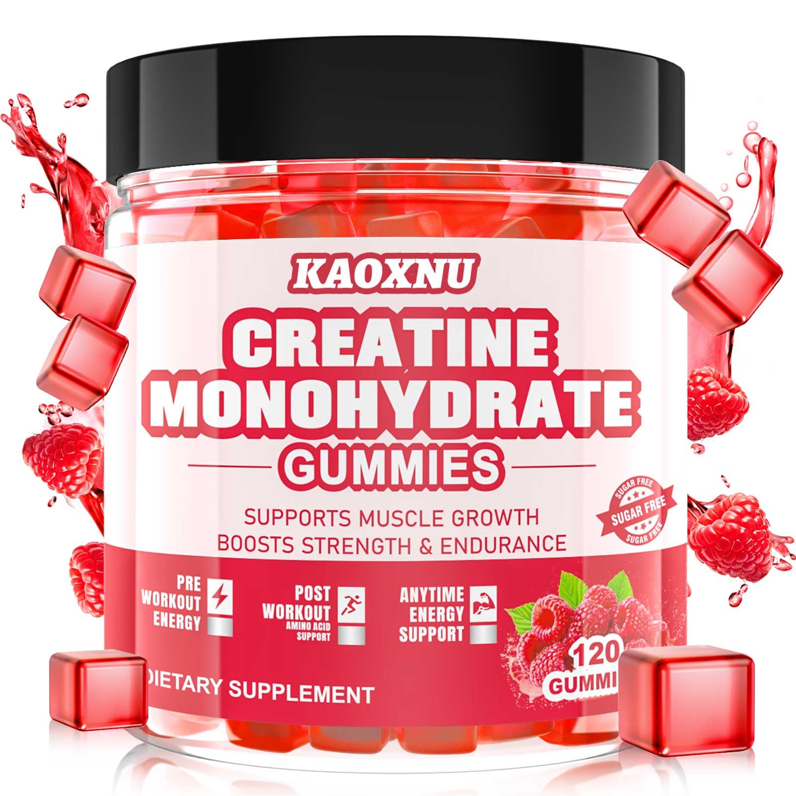 KAOXNU Creatine Monohydrate Gummies raspberry bottle front highlights sugar-free formula.