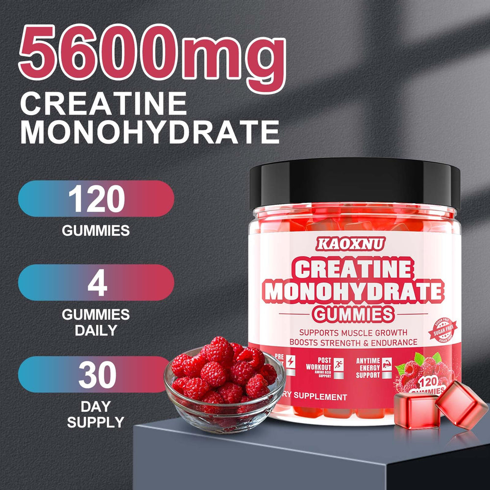 KAOXNU Creatine Monohydrate Gummies close-up emphasizes chewy daily intake and flavor.