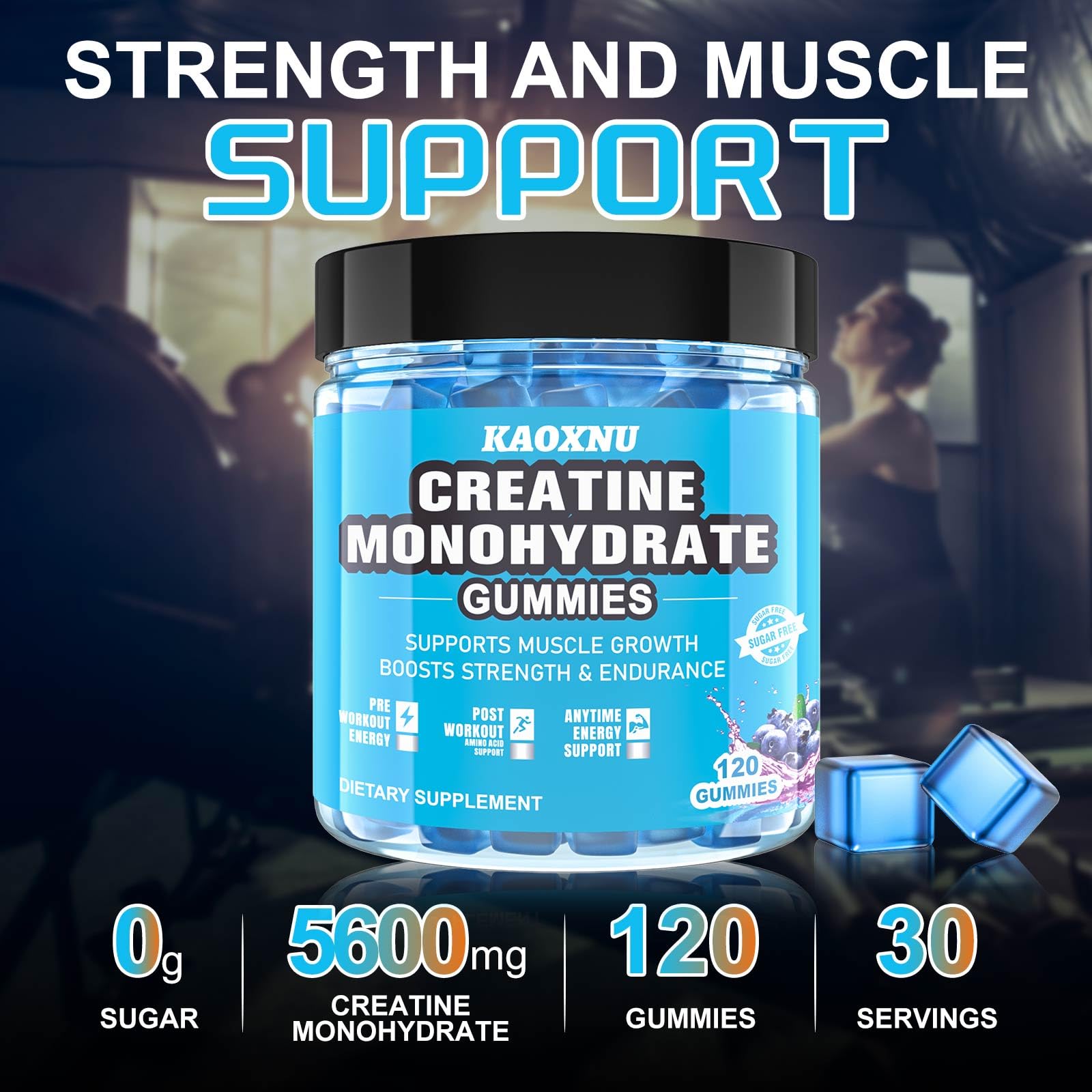 KAOXNU Creatine Monohydrate Gummies vegan label indicating gelatin-free formula