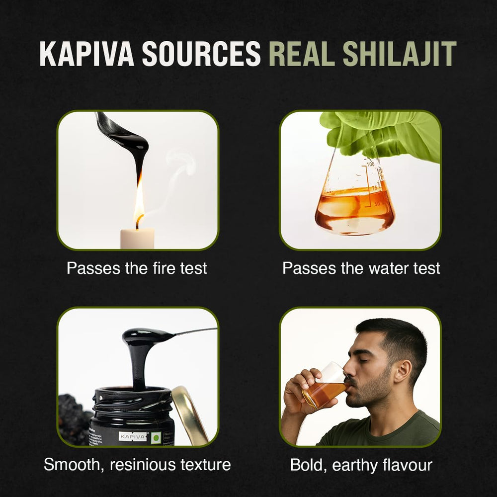 Kapiva Himalayan Shilajit Resin bottle beside glass for everyday use