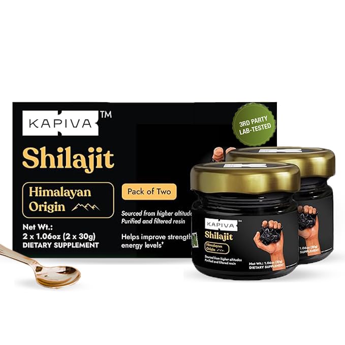Kapiva Himalayan Shilajit Resin jar close-up highlighting rich texture for daily energy support