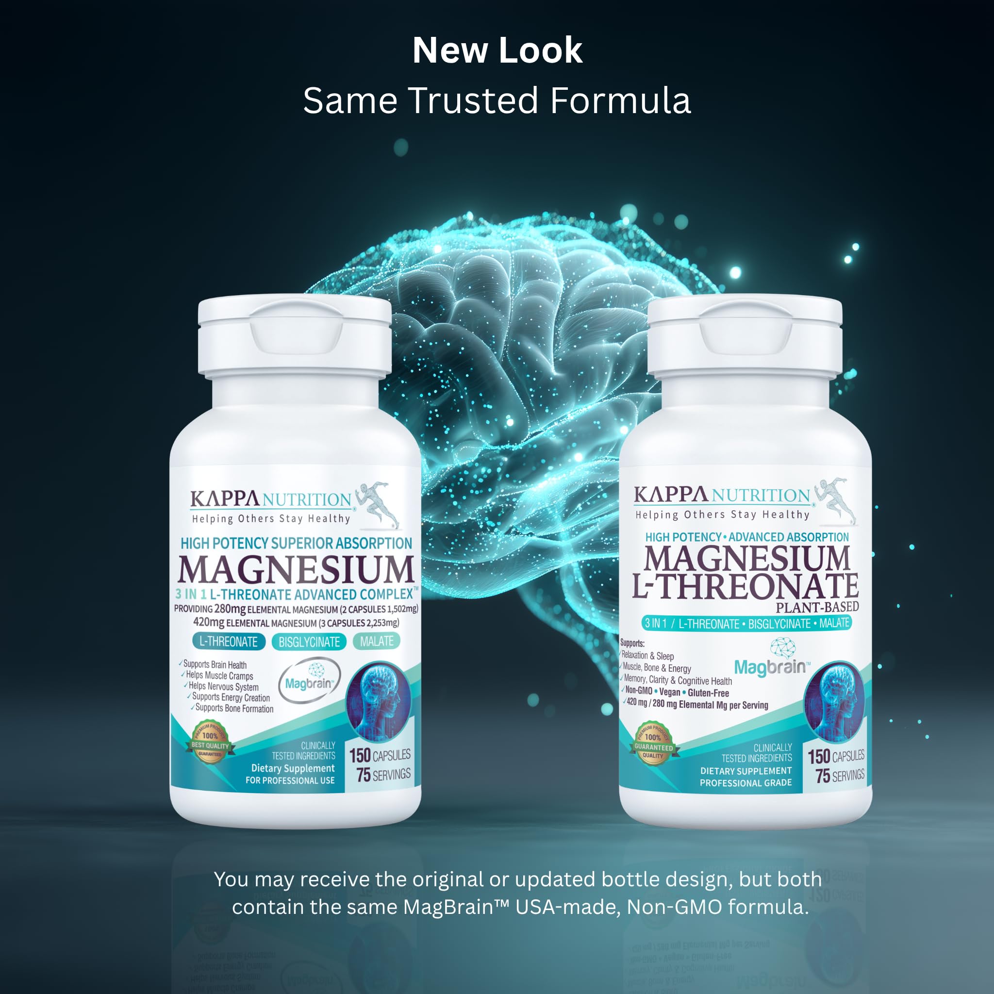 Kappa Nutrition MagBrain bottle front view with 150 vegan capsules for daily use.