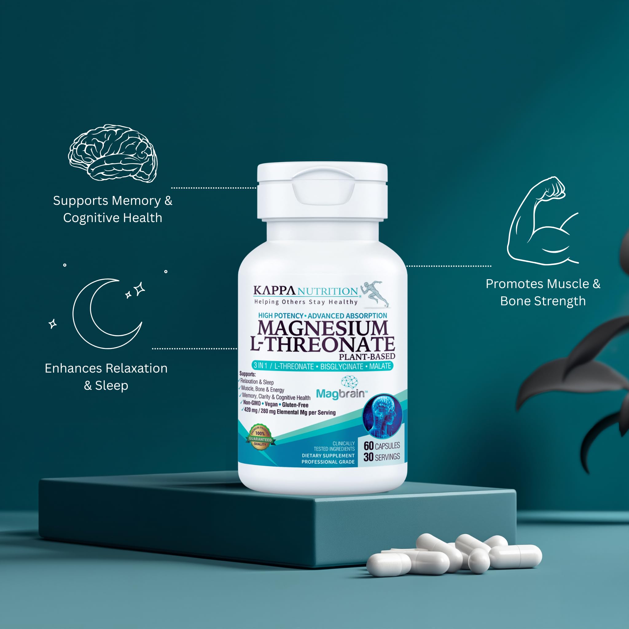 Back of the MagBrain bottle highlights third-party testing for purity.