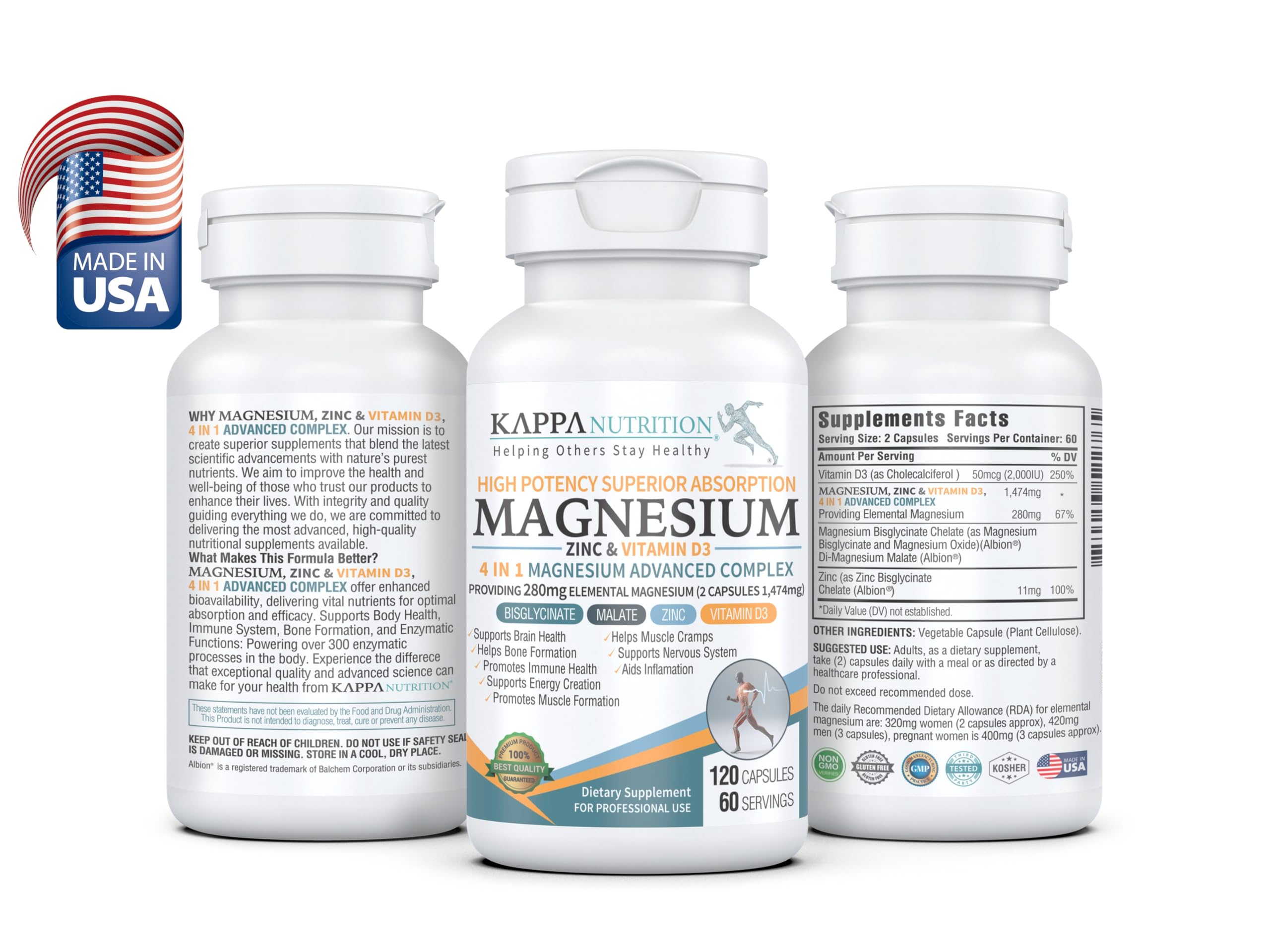 Closeup of Kappa Nutrition Magnesium 4-in-1 capsules showing vegan, digestion-friendly design