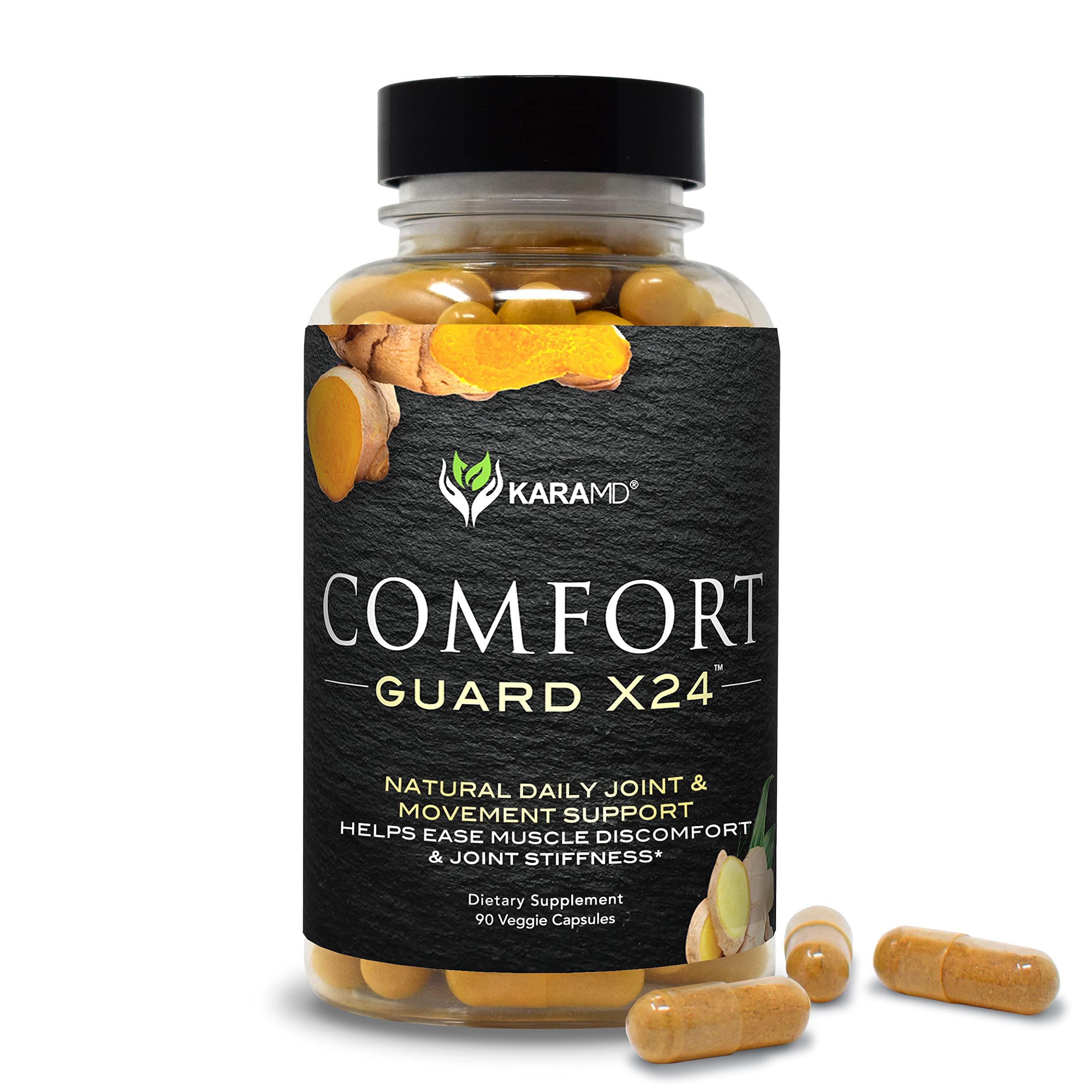 KaraMD Comfort Guard X24 bottle front with clear label showing non-GMO, gluten-free formulation.