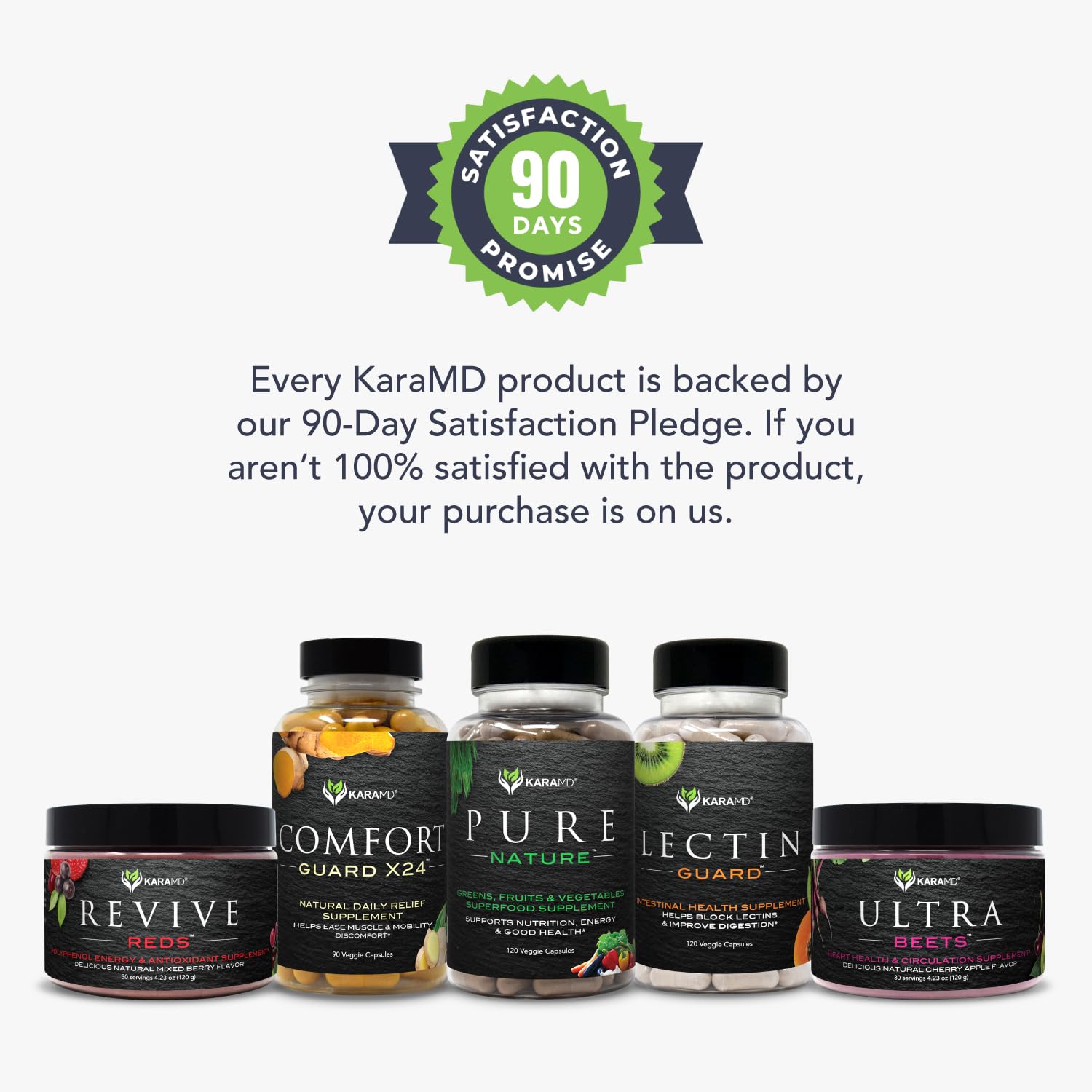 KaraMD Comfort Guard X24 satisfaction pledge seal conveys customer reassurance and support.