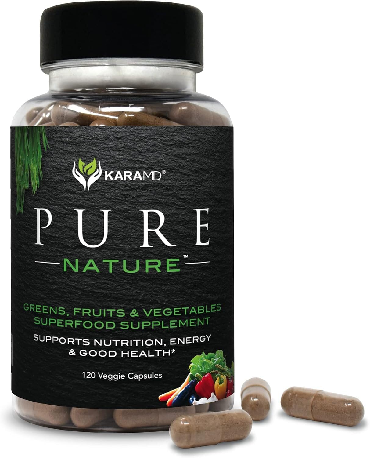KaraMD Pure Nature greens bottle showing greens and vegetables blend for daily energy.