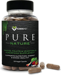KaraMD Pure Nature greens bottle showing greens and vegetables blend for daily energy.