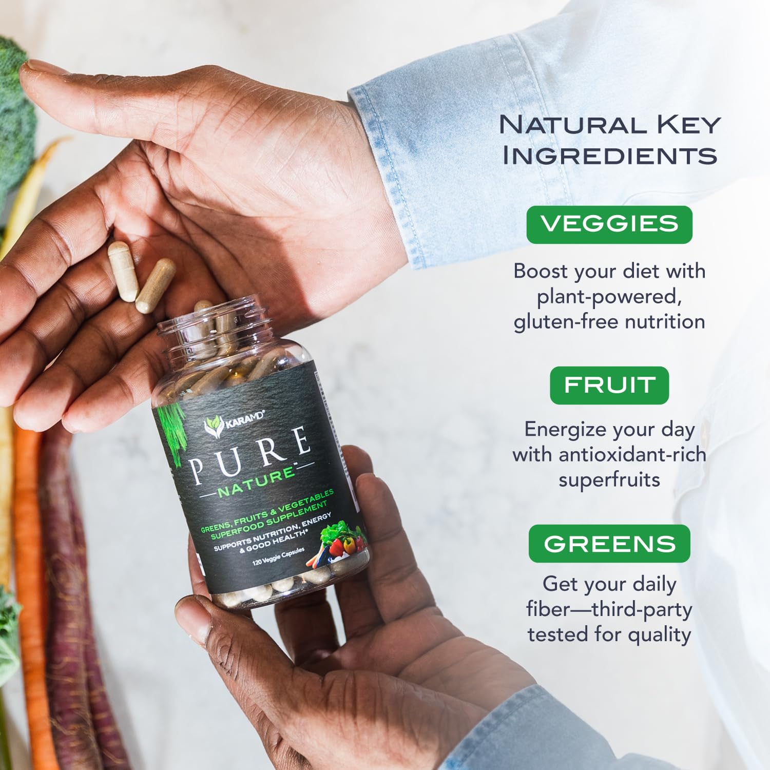 KaraMD Pure Nature label reveals USA manufacturing and gluten-free, vegan-friendly claim.