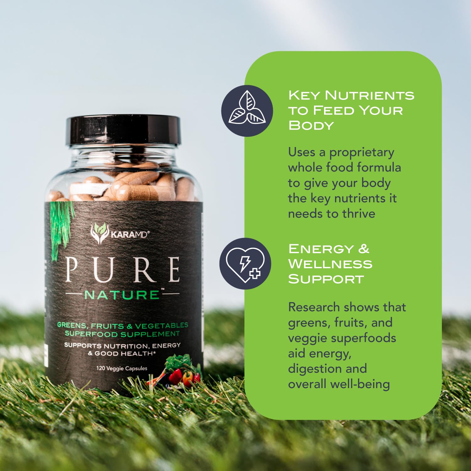 KaraMD Pure Nature powder scoop image emphasizes convenient daily nutrition.