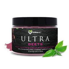 KaraMD UltraBeets bottle being poured for easy daily use and circulation support.