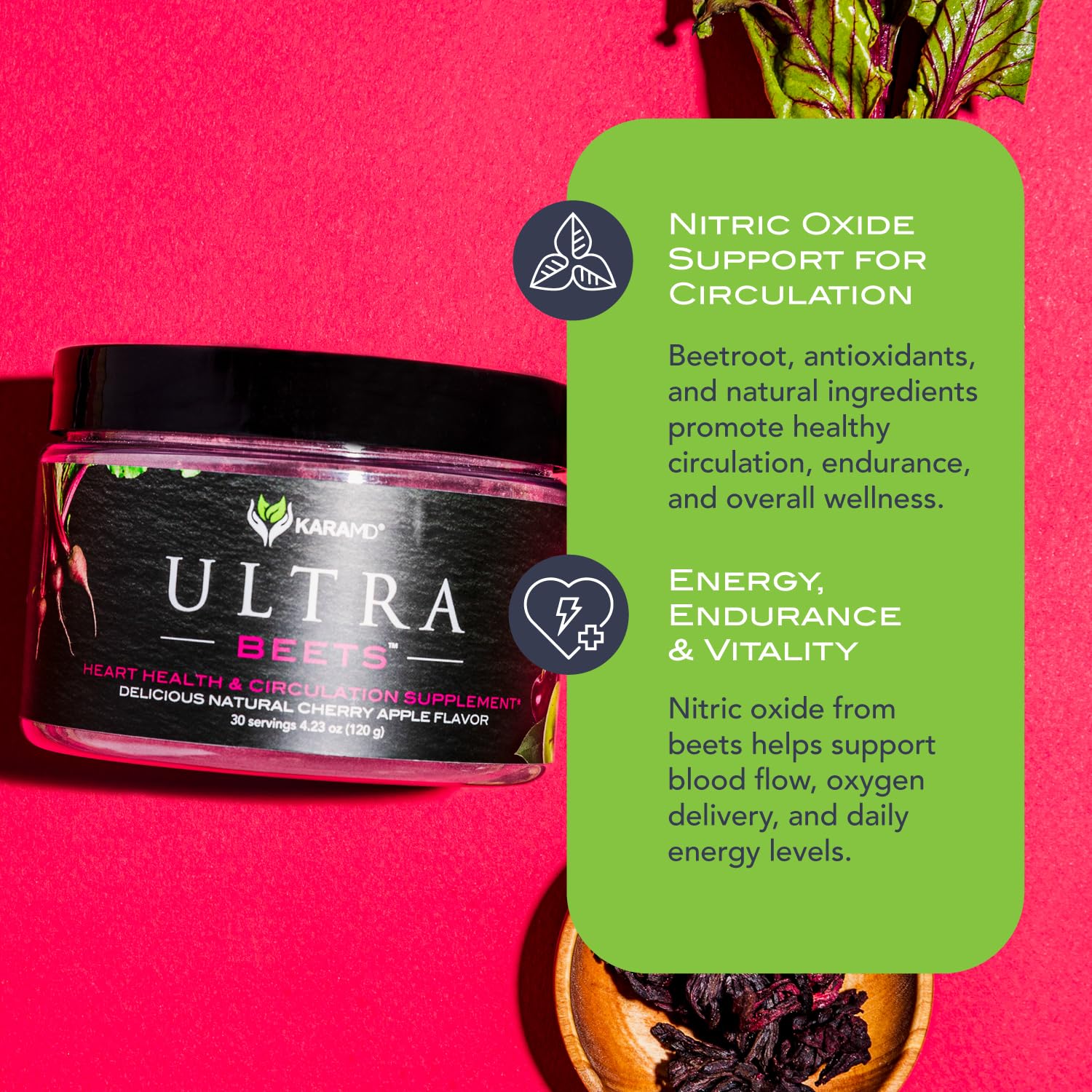 KaraMD UltraBeets ingredients hibiscus on label highlighting natural flavor.