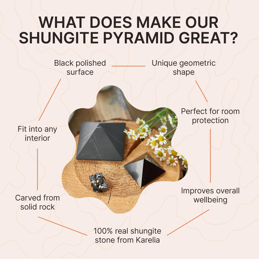 Karelian Heritage shungite pyramid close-up reveals texture and golden streaks.