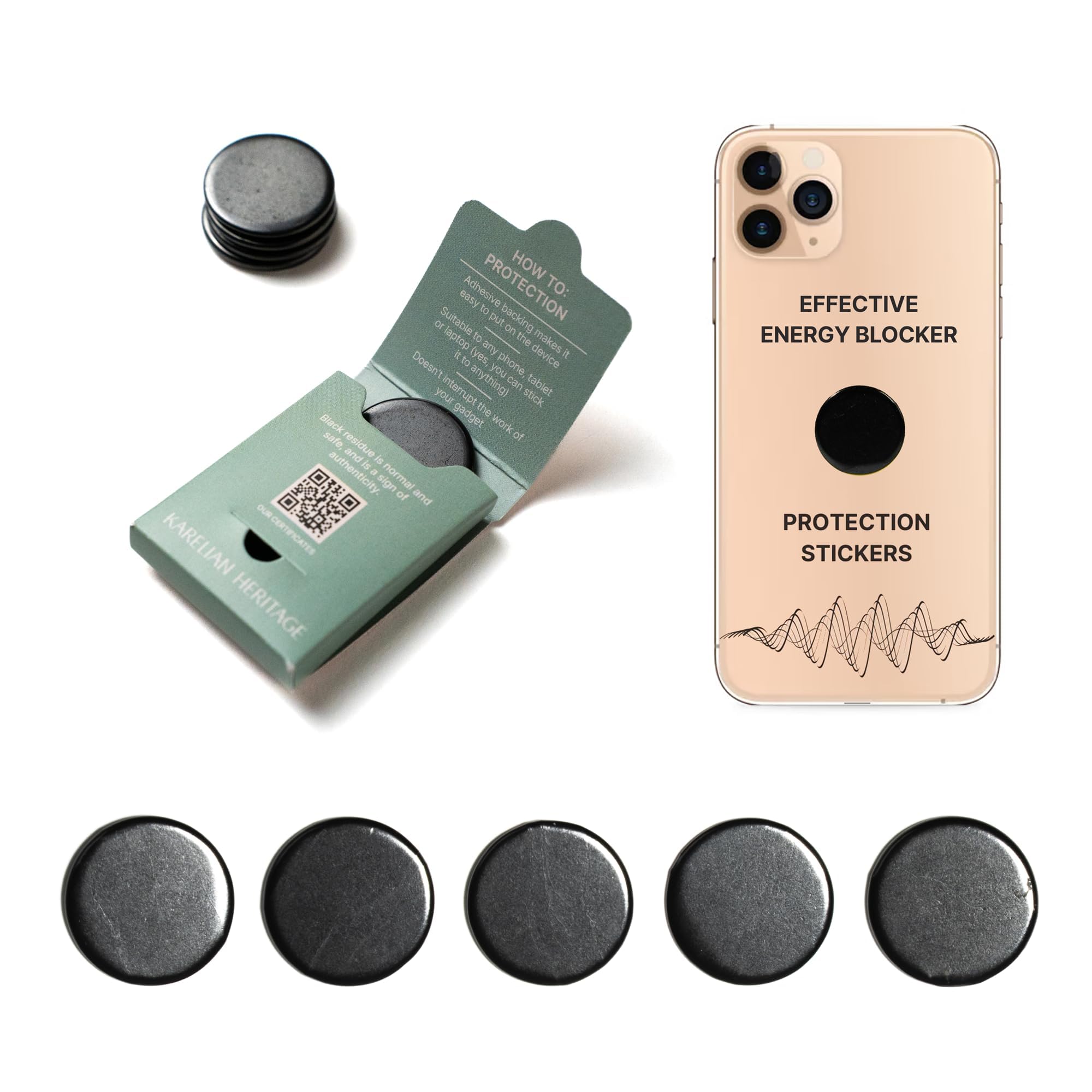 Karelian Heritage shungite round sticker, 20mm, for everyday gadget protection.