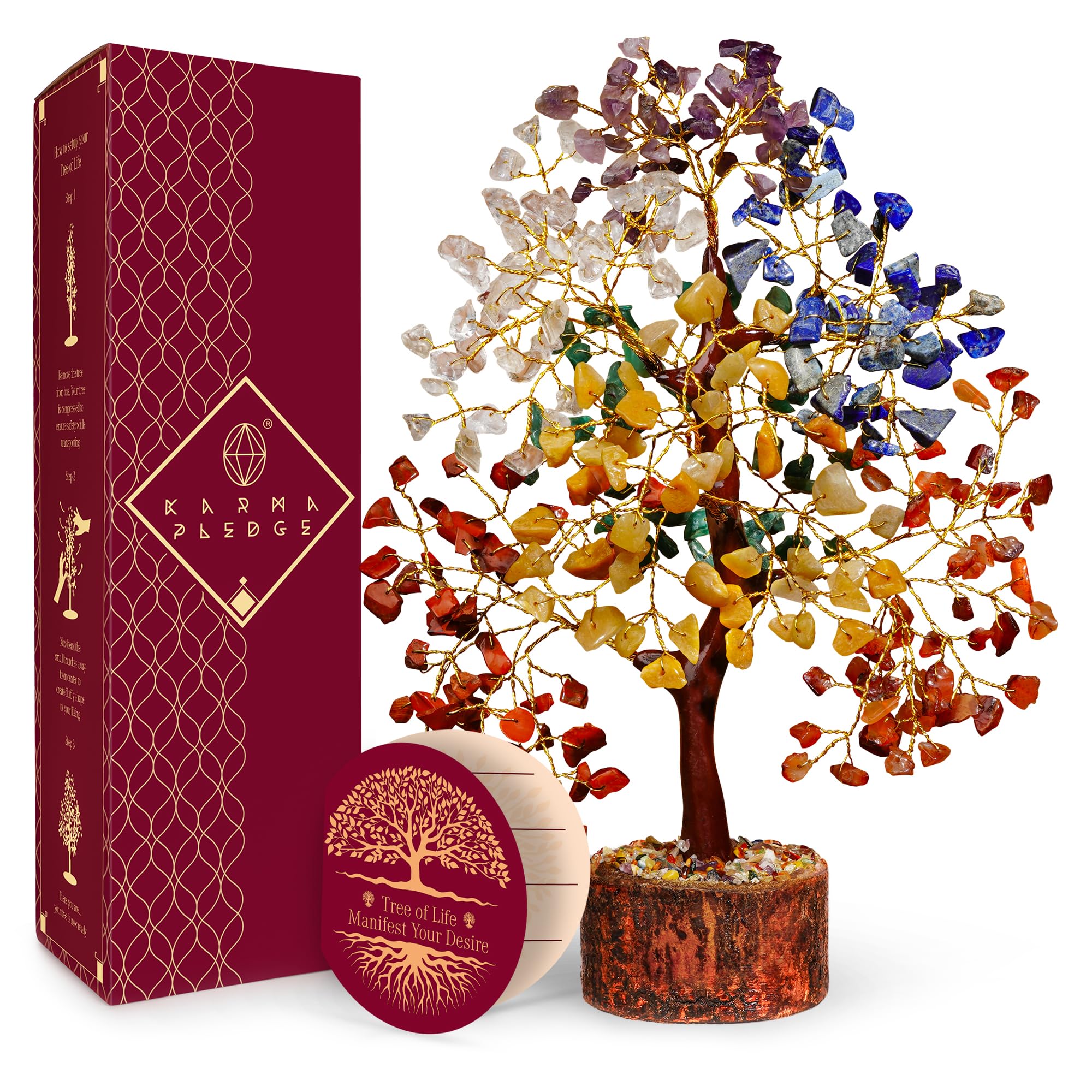 KARMAPLEDGE Manifestation Seven Chakra Tree on wooden base, balance and focus decor