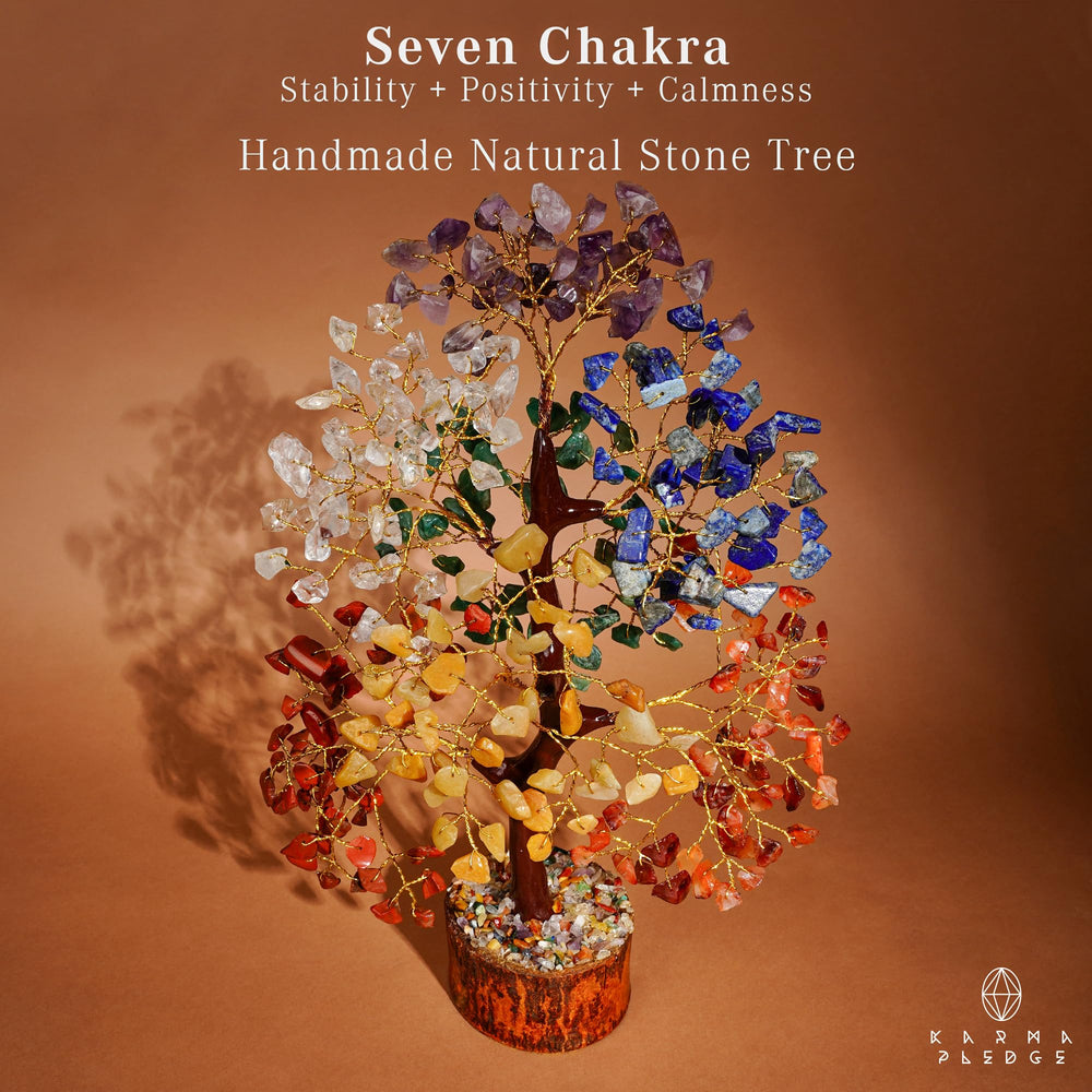 KARMAPLEDGE seven chakra crystal tree closeup shows vibrant crystals and copper wire