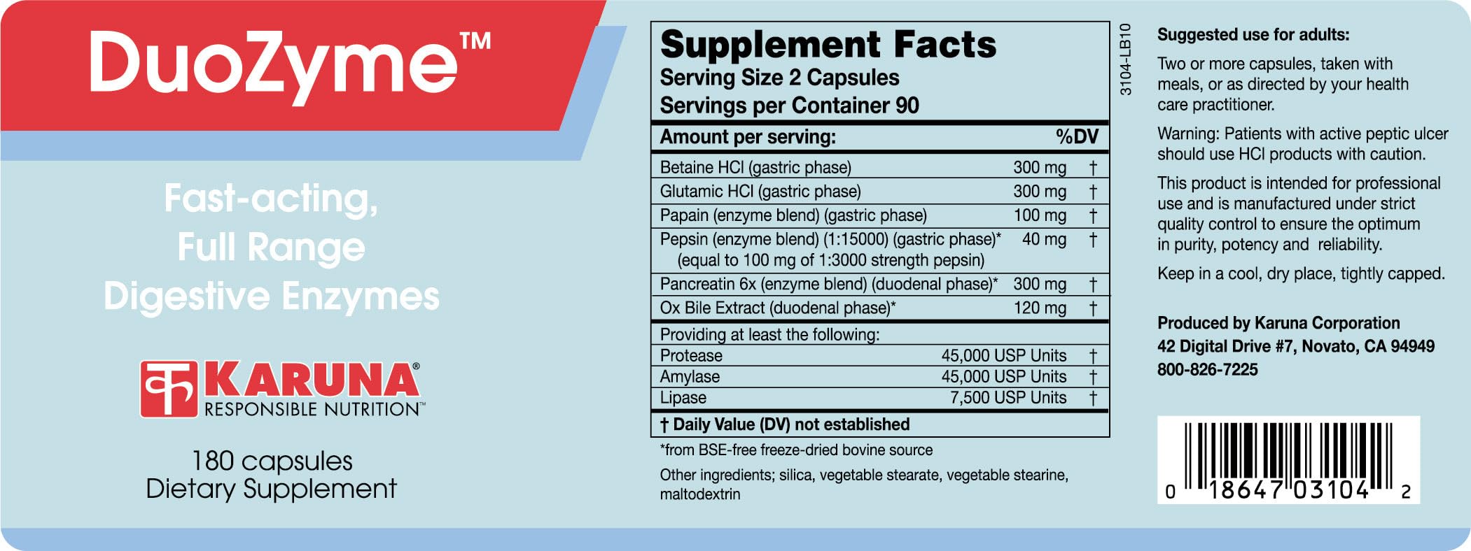 Karuna DuoZyme capsules closeup highlighting enzymes for fats, proteins, and carbs breakdown