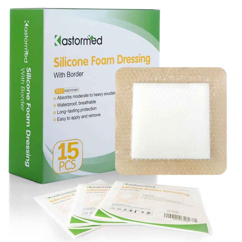 Kastormed silicone adhesive foam dressing 4x4 front view with painless removal and absorbency