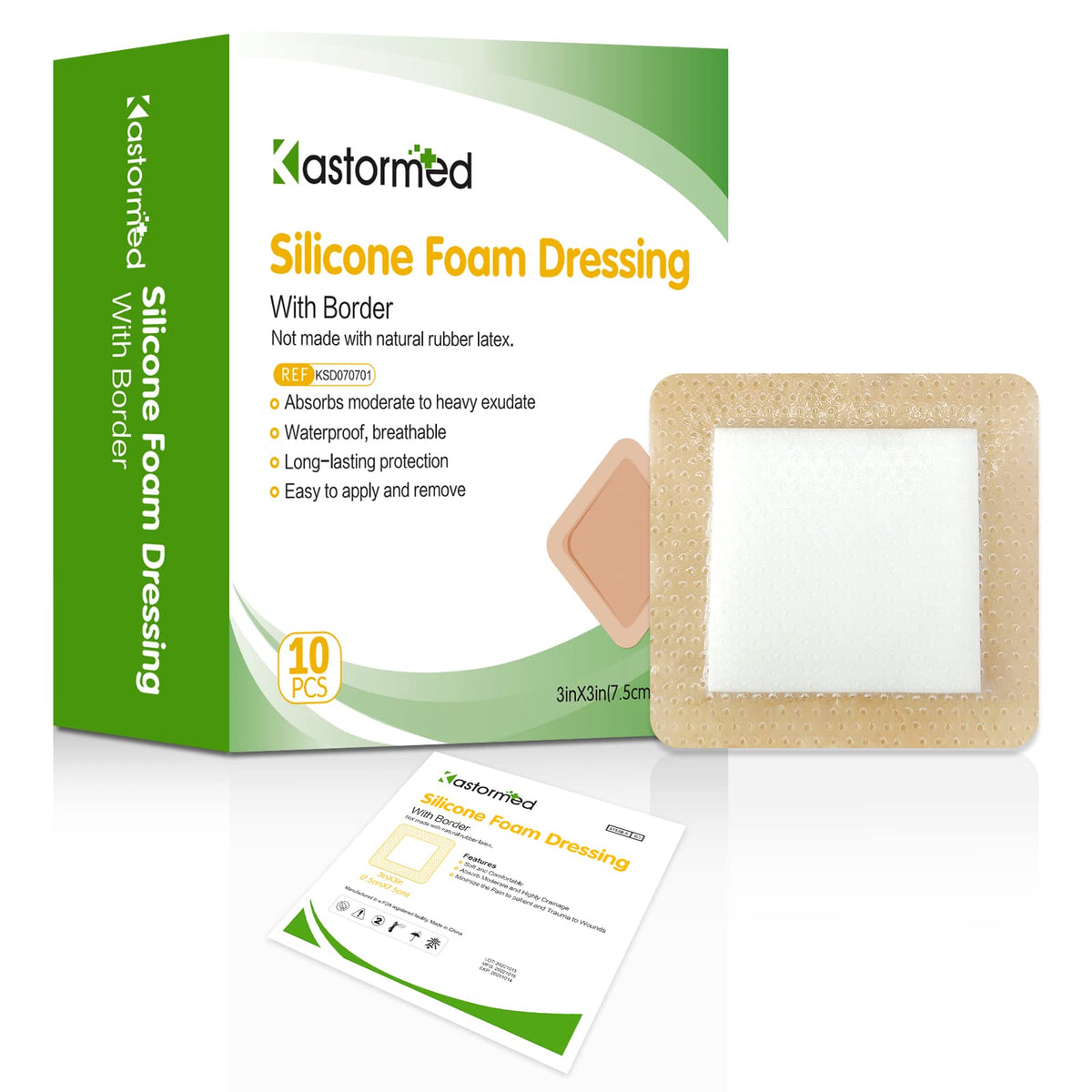 Kastormed silicone foam dressing 3x3 close-up showing high absorption and gentle adhesion.