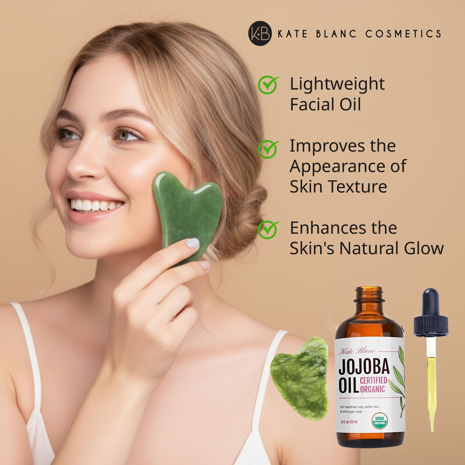 Kate Blanc Gua Sha Stone Kit used for facial massage routines.