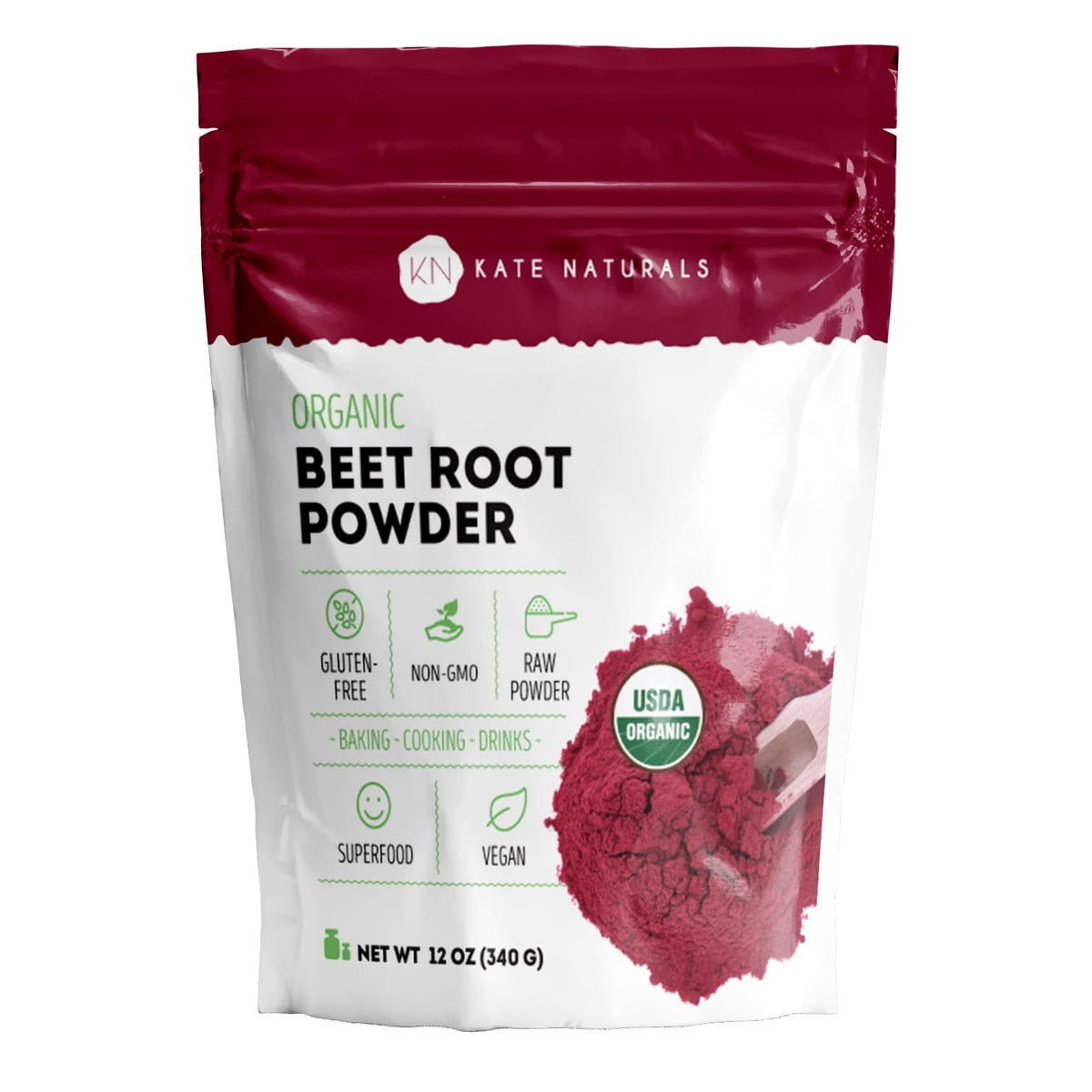 Kate Naturals beet root powder bottle showcases organic purity for smoothies and baking color