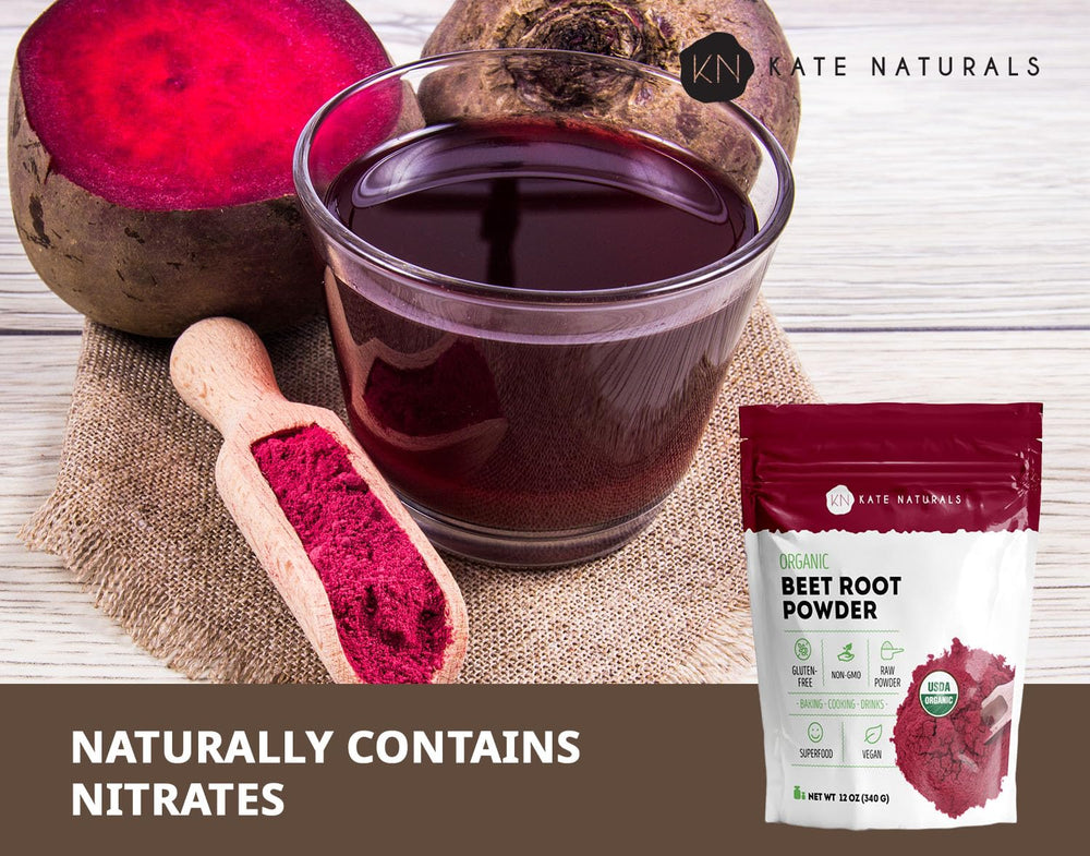 Pouring Kate Naturals beet root powder into juice shows vibrant natural color
