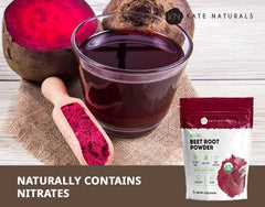 Pouring Kate Naturals beet root powder into juice shows vibrant natural color