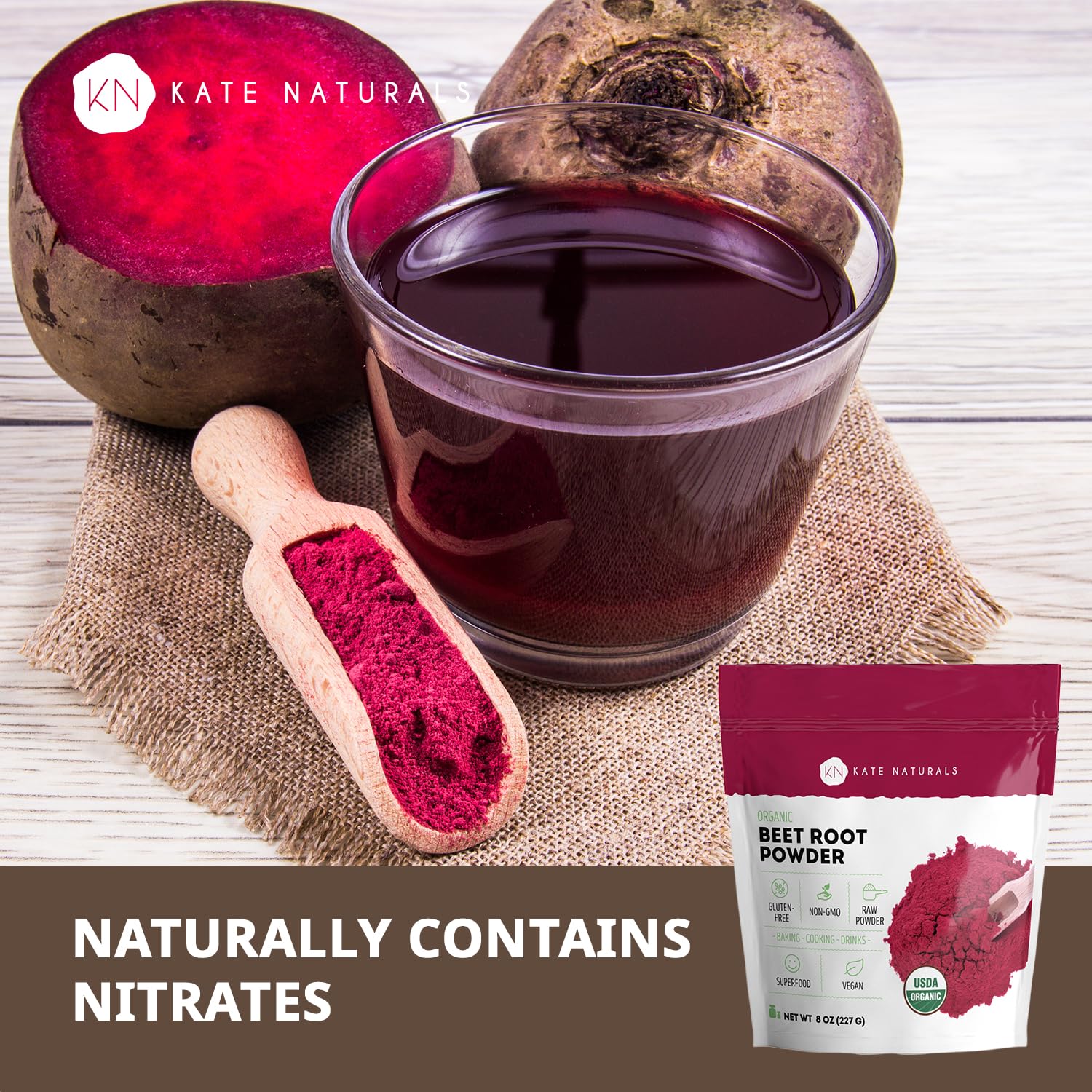 Measuring spoon with Kate Naturals beet root powder ready to mix.