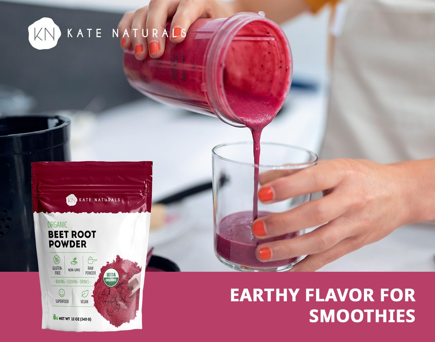 Scoop of Kate Naturals beet root powder ready to mix into drinks for energy
