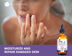 Kate Naturals Black Seed Oil dropper tip distributing pure oil for precise topical or dietary use.