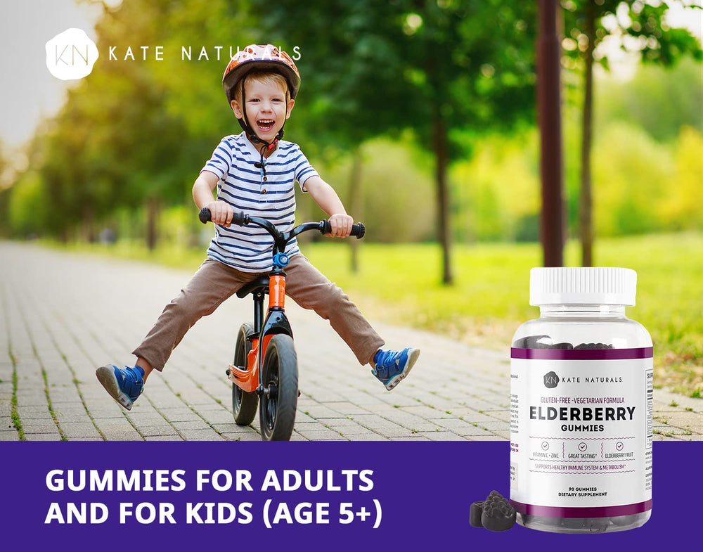 Adults serving of Kate Naturals Gummies highlighting vitamin C and zinc benefits.