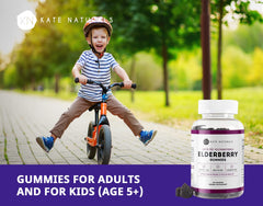 Adults serving of Kate Naturals Gummies highlighting vitamin C and zinc benefits.
