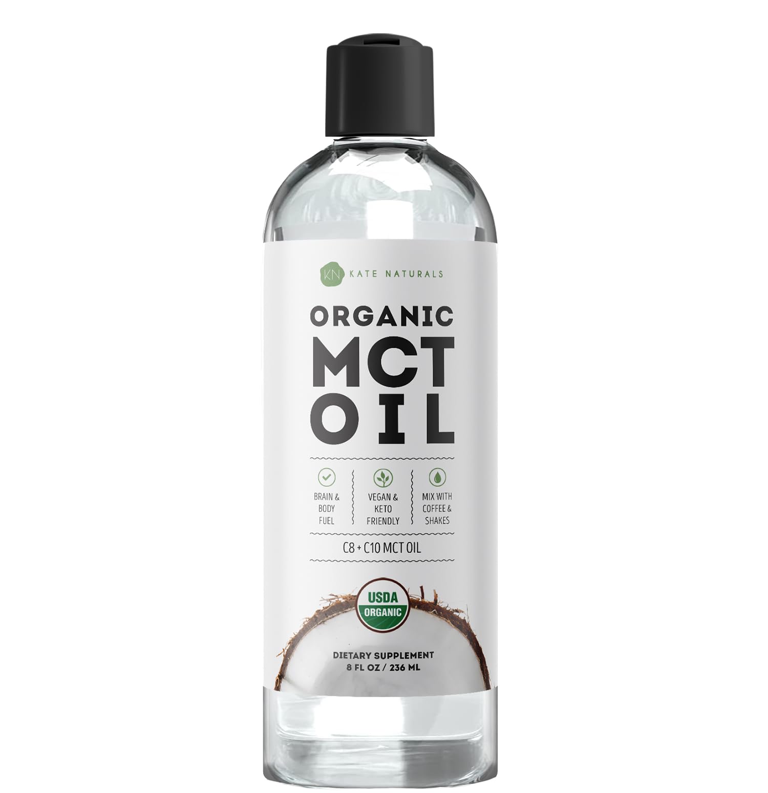 Kate Naturals MCT oil being poured into coffee for a smooth energy boost