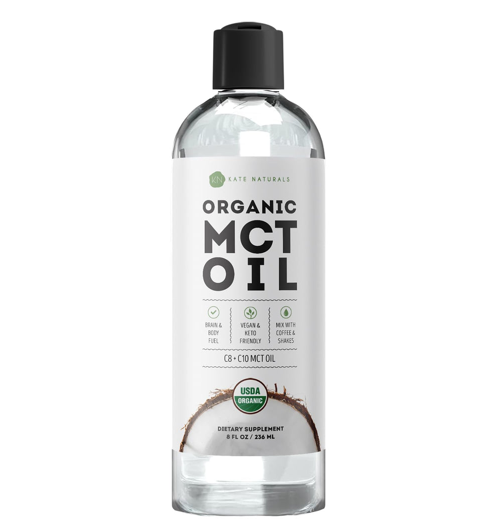 Kate Naturals MCT oil being poured into coffee for a smooth energy boost