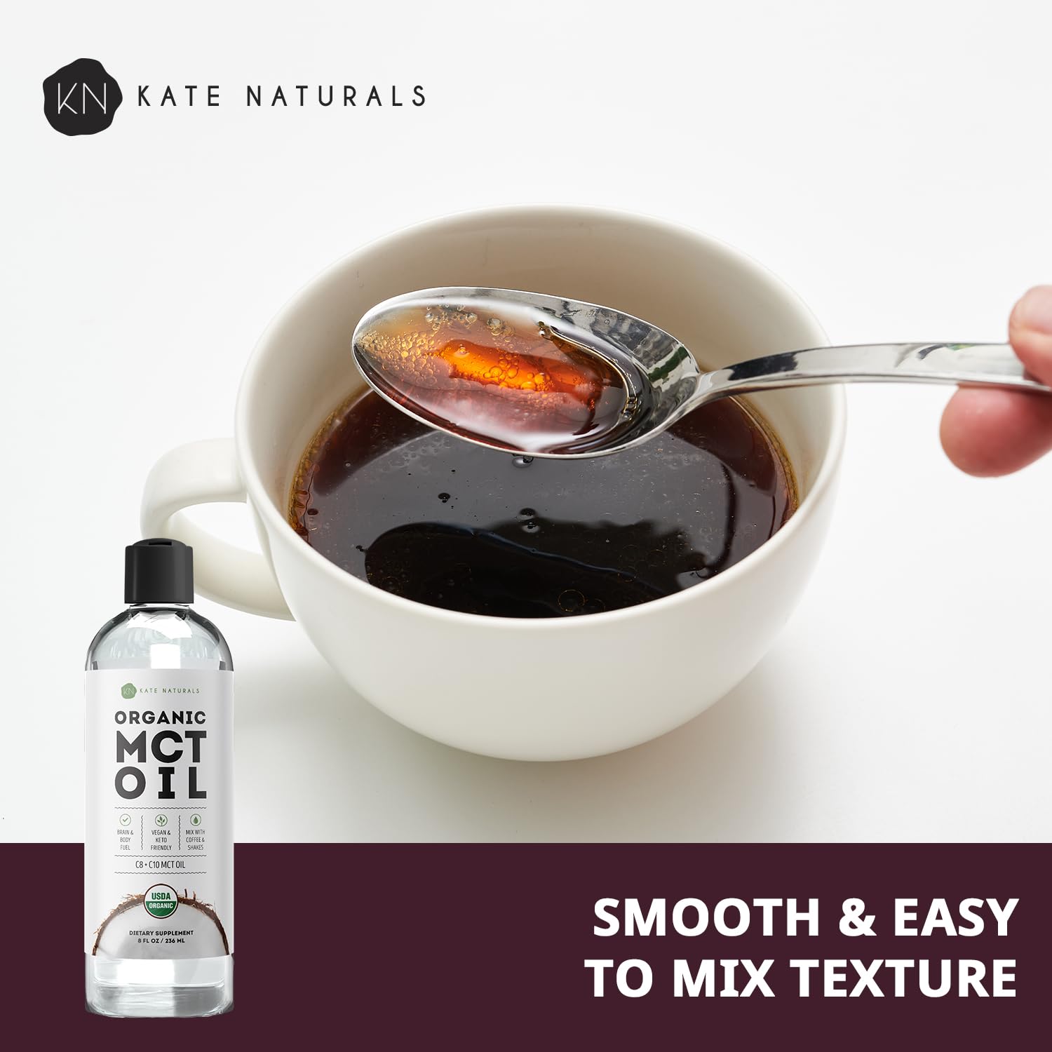 Kate Naturals MCT oil label with organic certification and ingredients