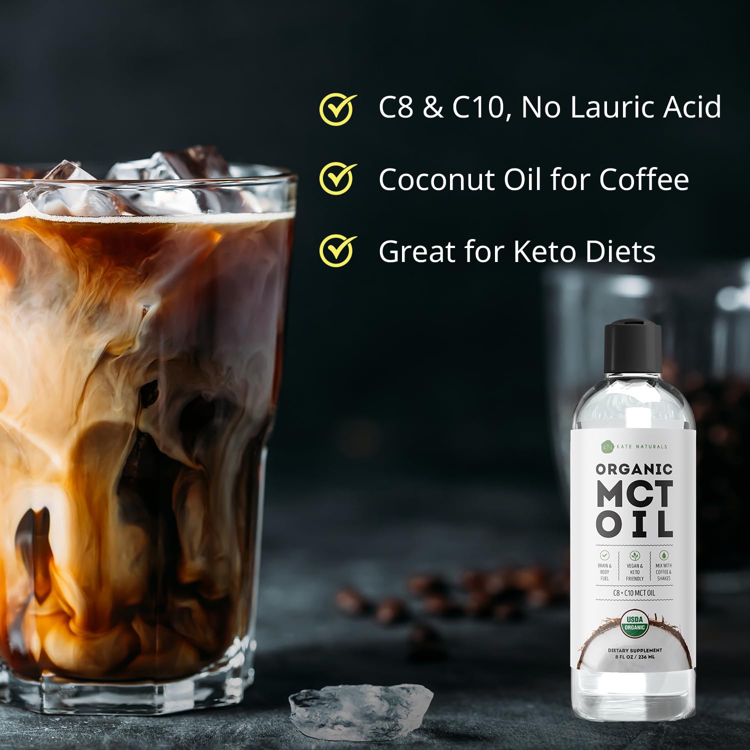 Kate Naturals organic coconut MCT oil bottle highlighting C8 and C10 blend
