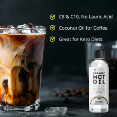 Kate Naturals organic coconut MCT oil bottle highlighting C8 and C10 blend