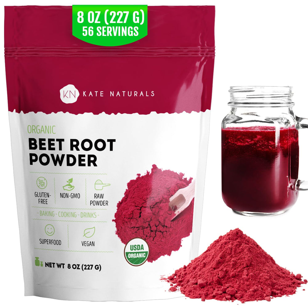 Kate Naturals Organic Beet Root Powder bottle with vibrant red powder for smoothies.