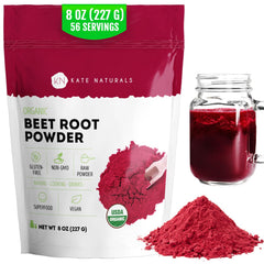 Kate Naturals Organic Beet Root Powder bottle with vibrant red powder for smoothies.