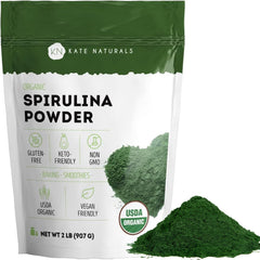 Kate Naturals spirulina powder container with resealable packaging for convenient daily greens.