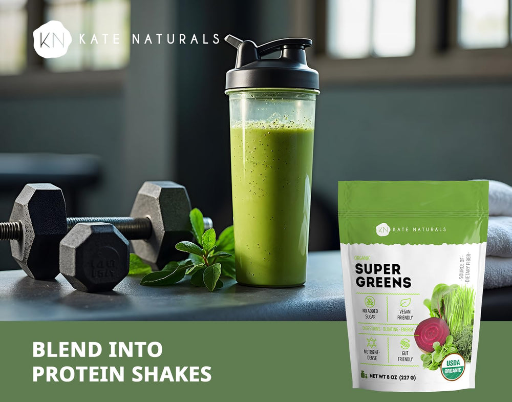 Kate Naturals powder bottle with label close-up, highlighting organic, sugar-free nutrition.