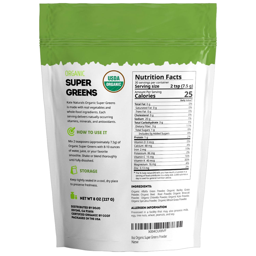 Ingredients panel of Kate Naturals Organic Super Greens Powder, showcasing plant-based nutrients.