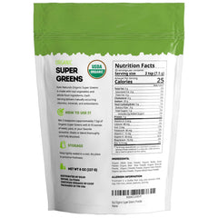 Ingredients panel of Kate Naturals Organic Super Greens Powder, showcasing plant-based nutrients.