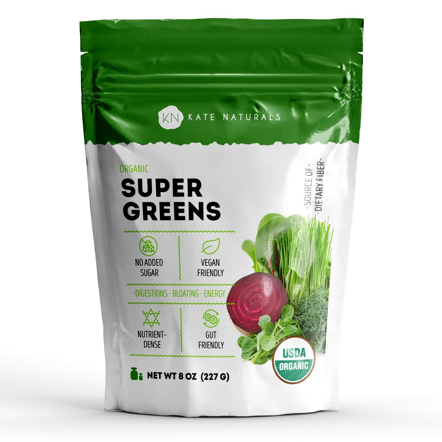 Kate Naturals Organic Super Greens Powder tub front, ideal daily greens for smoothies.