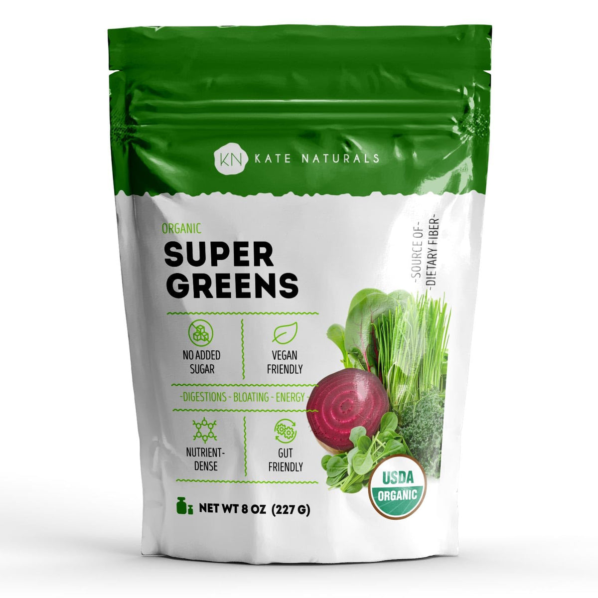 Kate Naturals Organic Super Greens Powder tub front, ideal daily greens for smoothies.