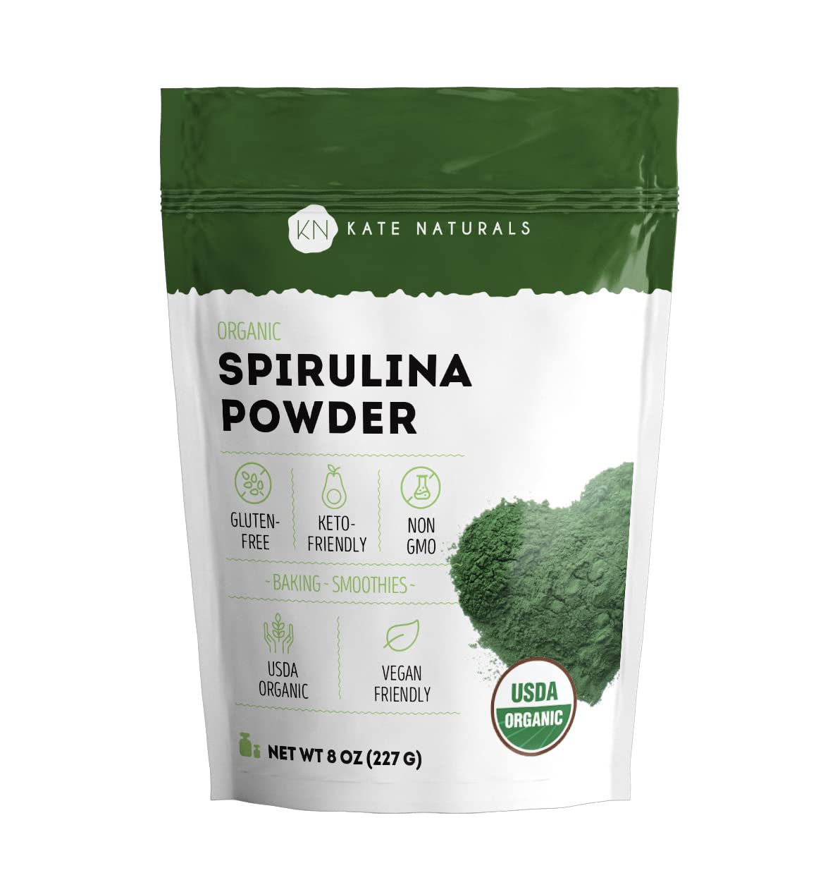 Kate Naturals spirulina powder bottle highlights organic, non-GMO greens ideal for smoothies