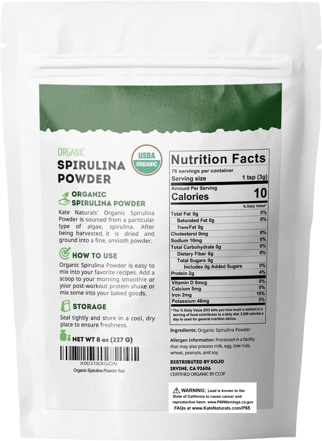 Kate Naturals spirulina powder dressings and baking image shows versatile usage